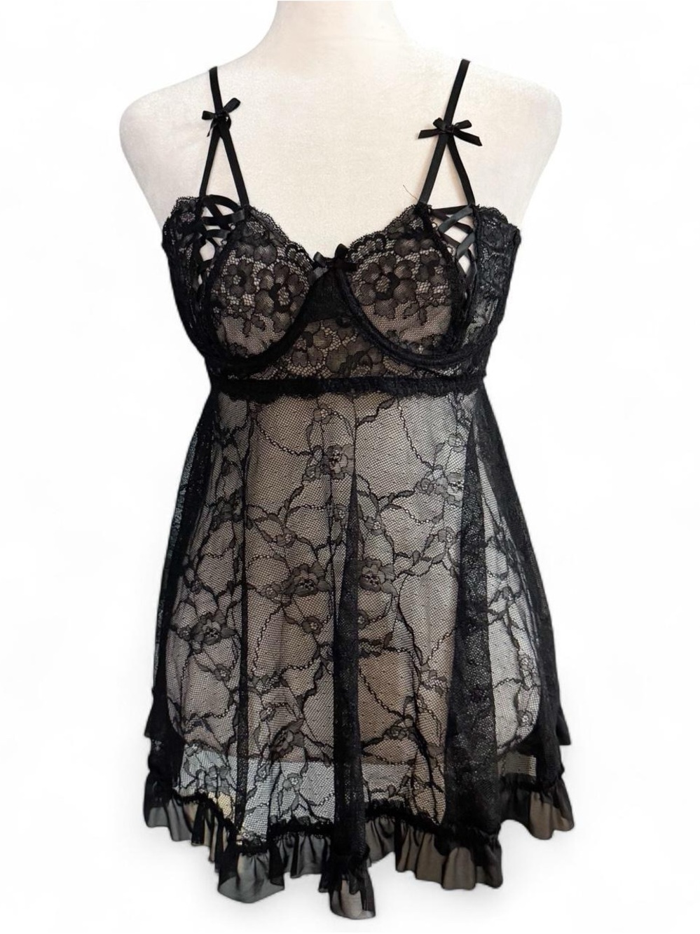 Coquette Black Sheer Lace Babydoll Lingerie Top Size Medium